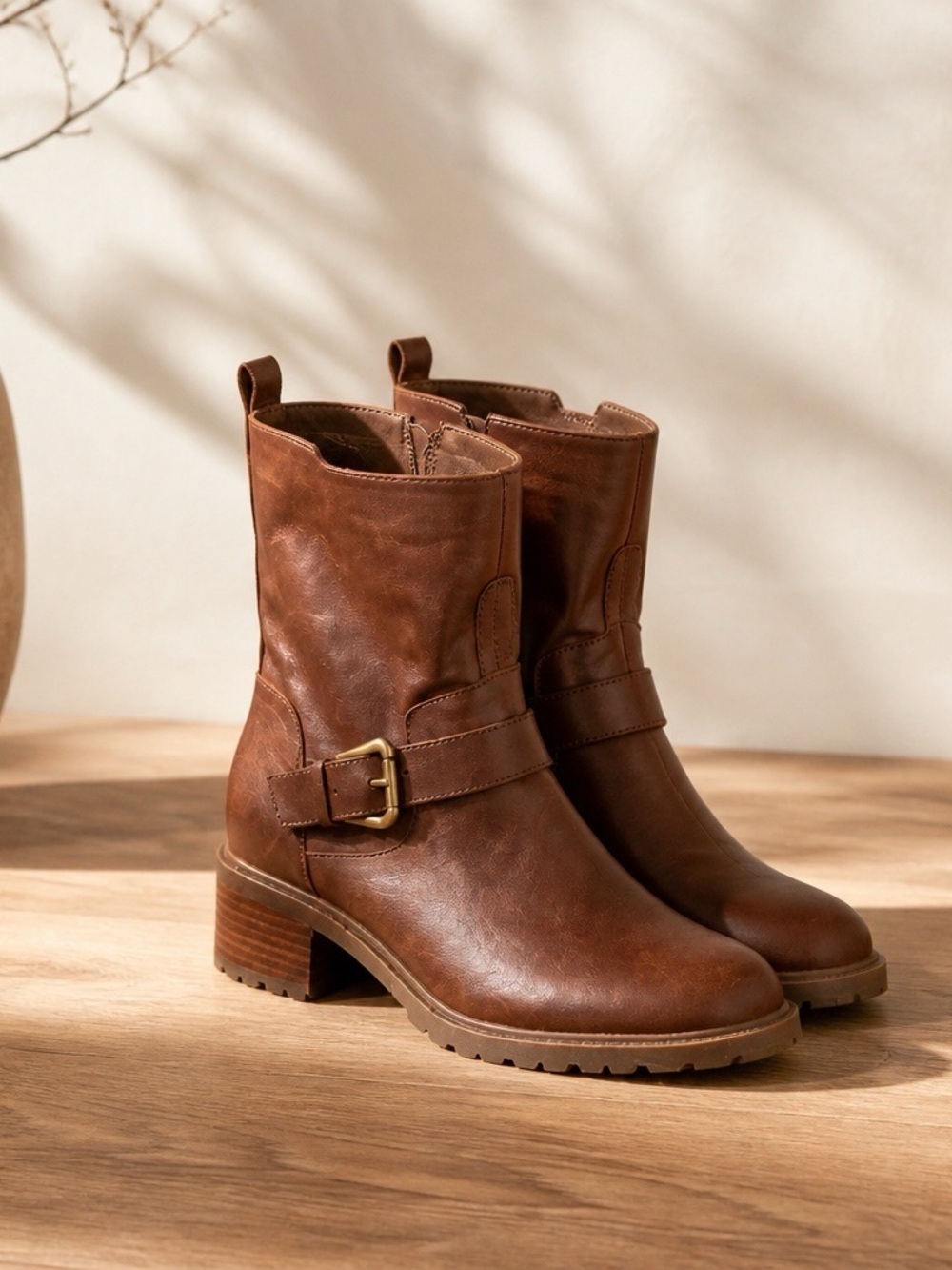 Sole Society Chestnut Brown Buckle Mid-Calf Ankle Boots